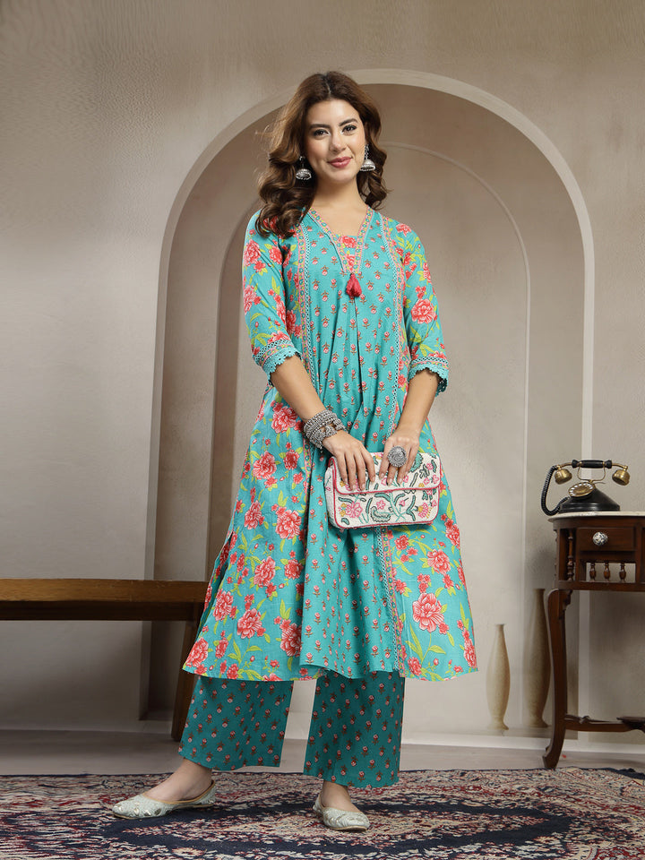 Cotton Calf Length Printed 3/4 Sleeve V-Neck Flared Kurta Suit Set