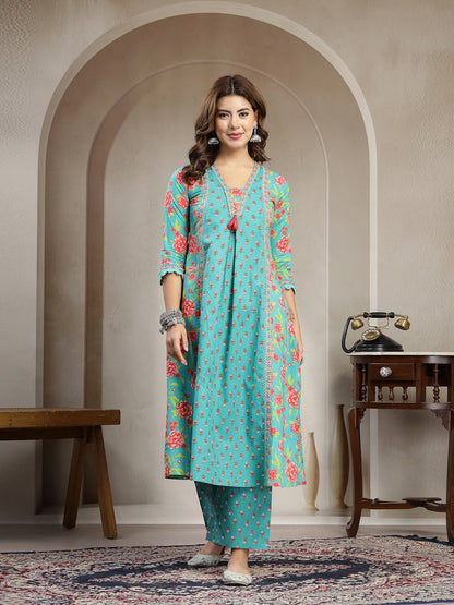 Cotton Calf Length Printed 3/4 Sleeve V-Neck Flared Kurta Suit Set