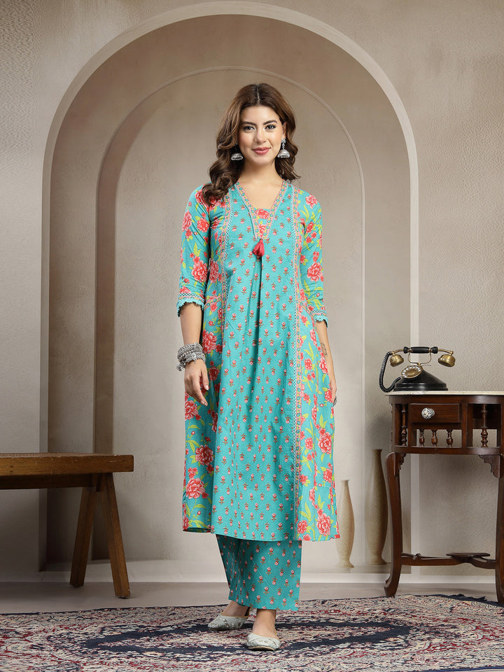 Cotton Calf Length Printed 3/4 Sleeve V-Neck Flared Kurta Suit Set