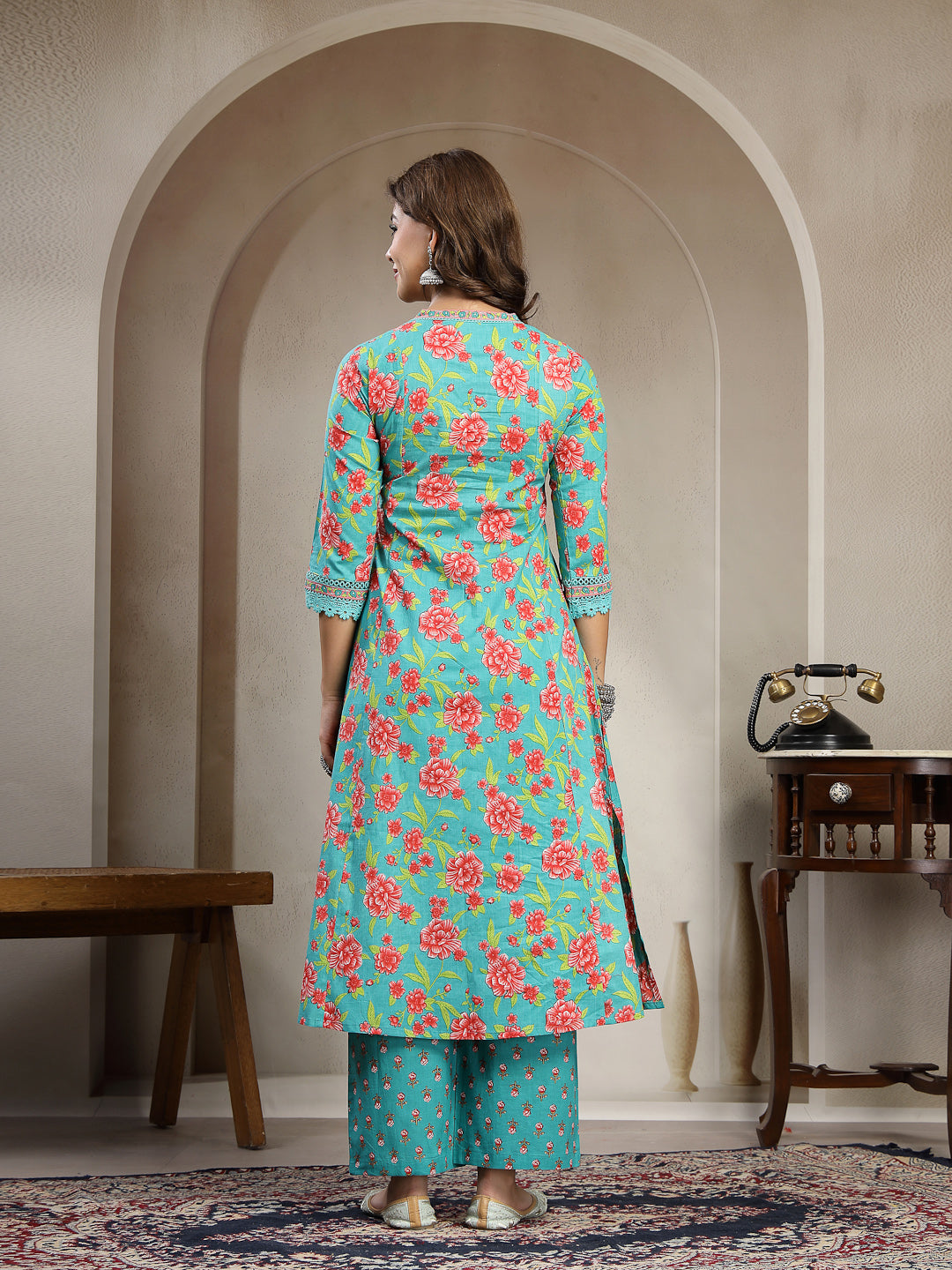 Cotton Calf Length Printed 3/4 Sleeve V-Neck Flared Kurta Suit Set