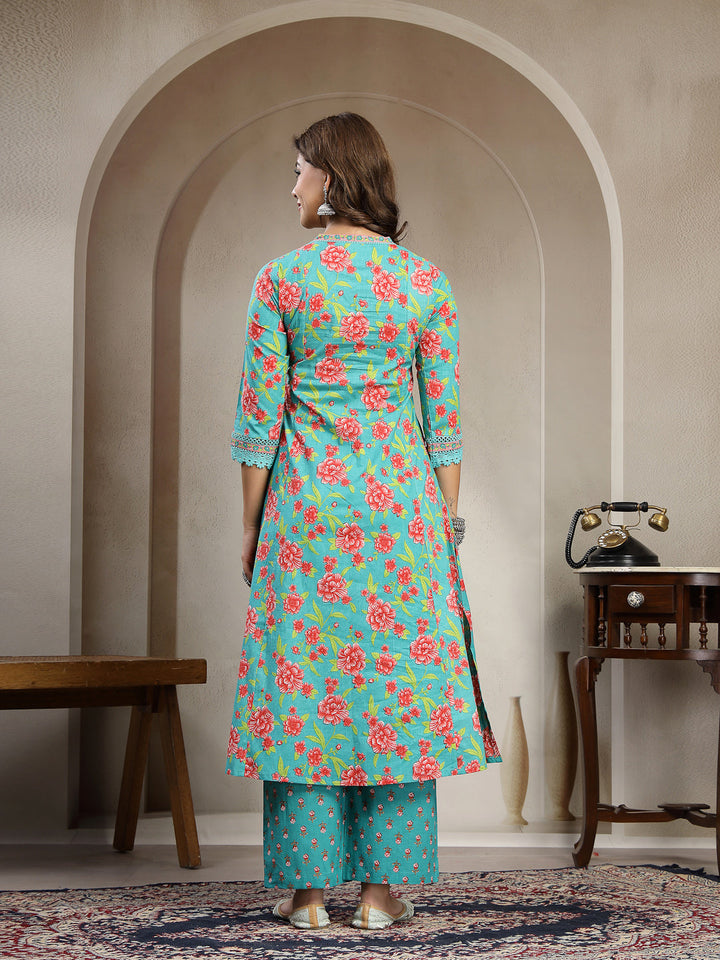 Cotton Calf Length Printed 3/4 Sleeve V-Neck Flared Kurta Suit Set