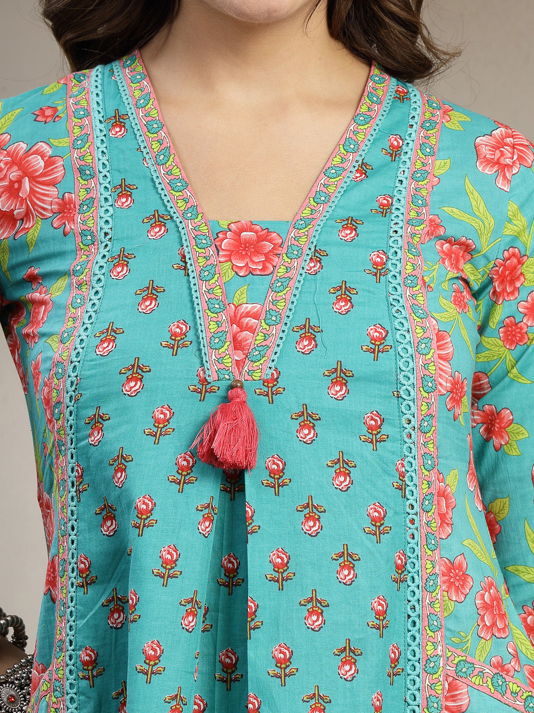 Cotton Calf Length Printed 3/4 Sleeve V-Neck Flared Kurta Suit Set