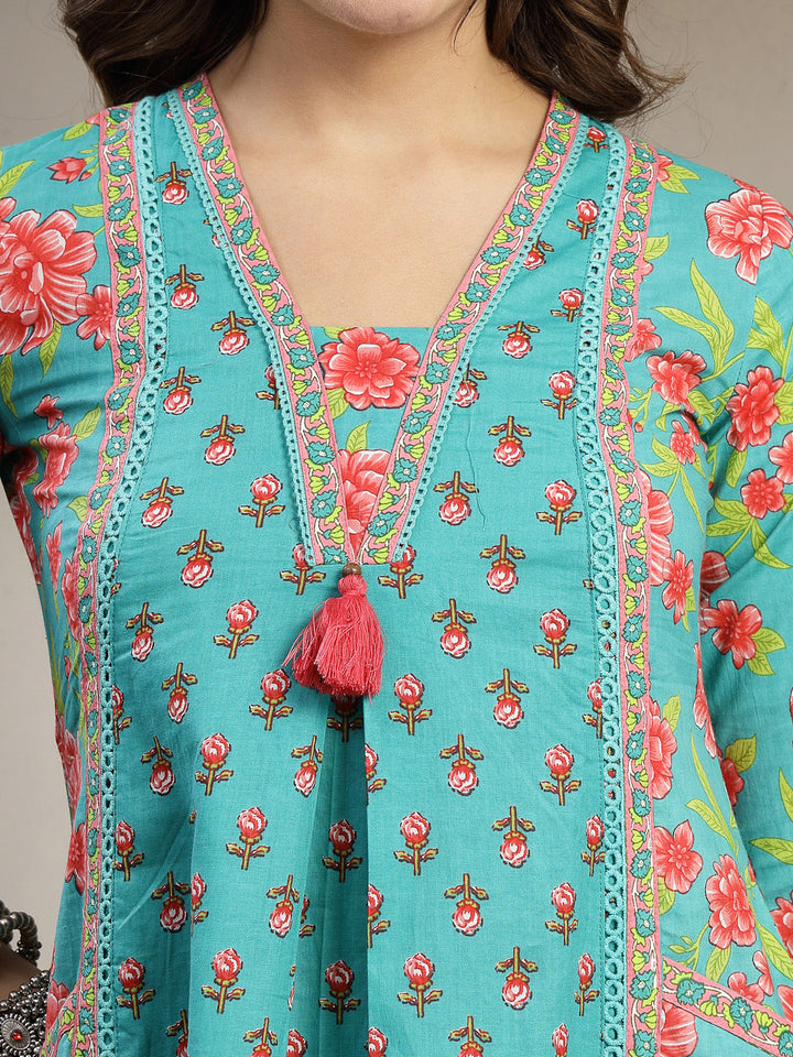 Cotton Calf Length Printed 3/4 Sleeve V-Neck Flared Kurta Suit Set