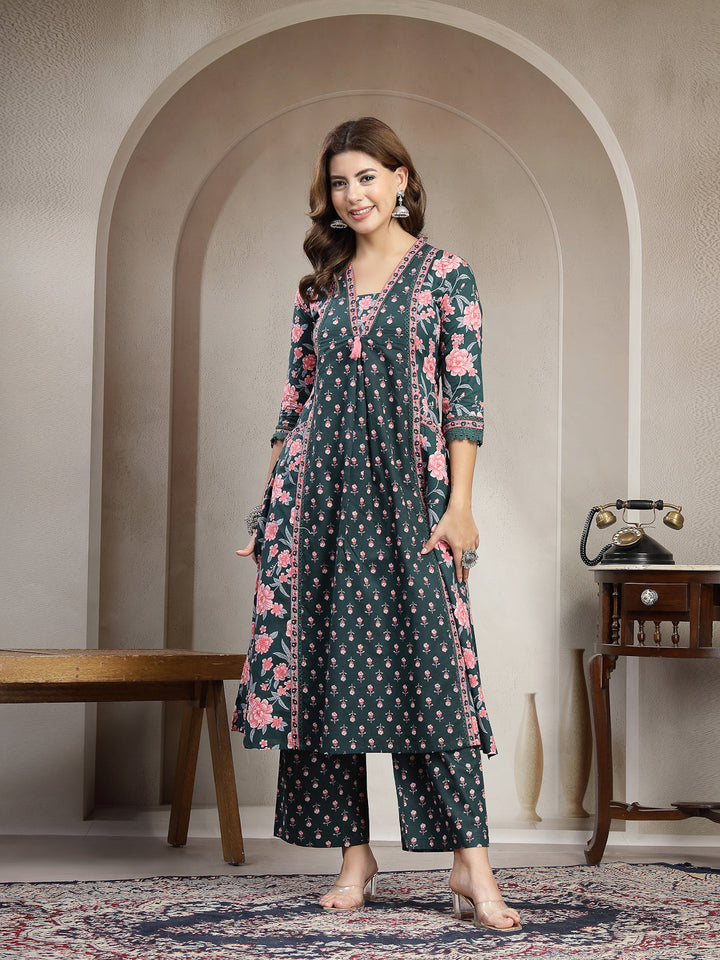 Cotton Calf Length Printed 3/4 Sleeve V-Neck Flared Kurta Suit Set