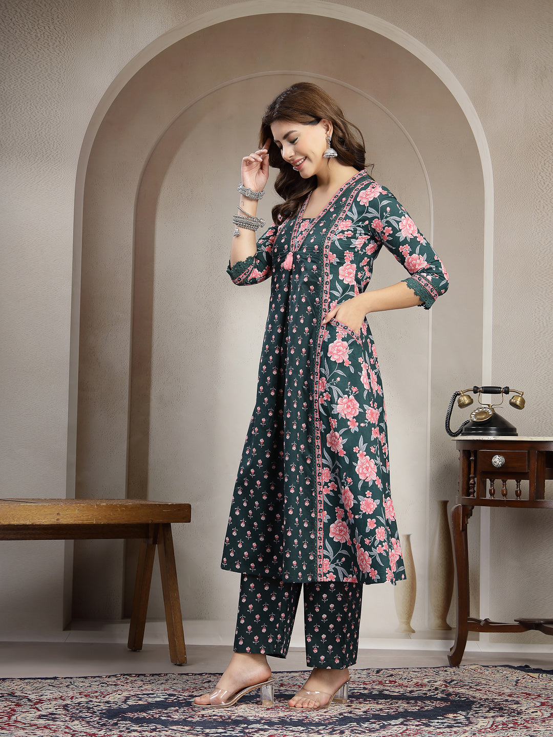 Cotton Calf Length Printed 3/4 Sleeve V-Neck Flared Kurta Suit Set
