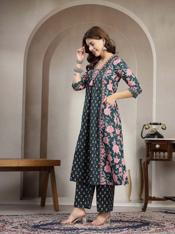 Cotton Calf Length Printed 3/4 Sleeve V-Neck Flared Kurta Suit Set