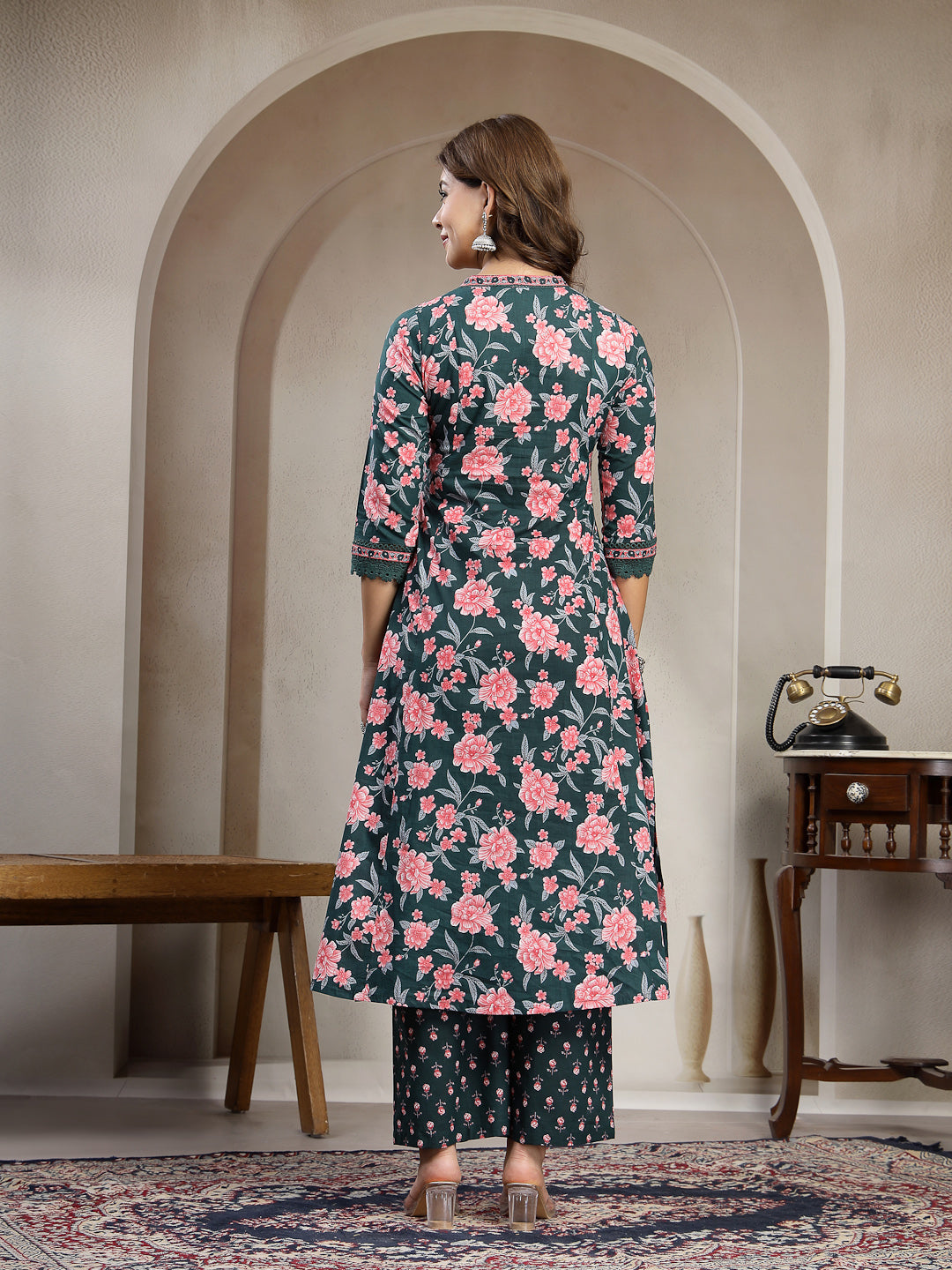 Cotton Calf Length Printed 3/4 Sleeve V-Neck Flared Kurta Suit Set