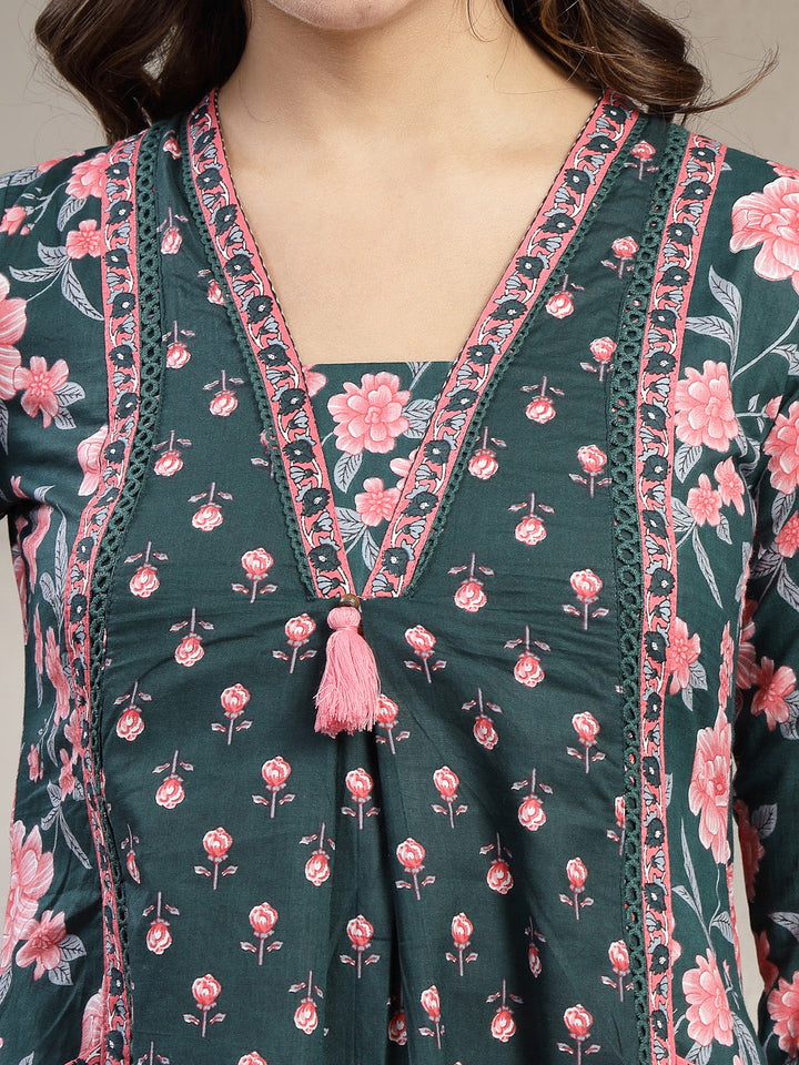 Cotton Calf Length Printed 3/4 Sleeve V-Neck Flared Kurta Suit Set