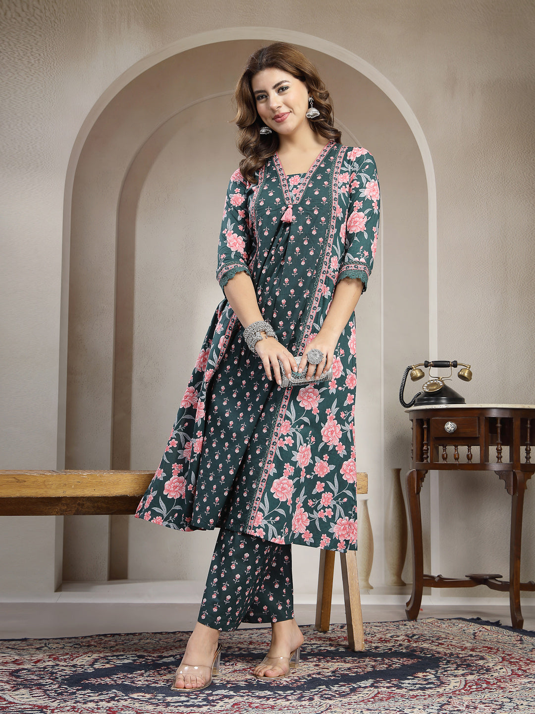 Cotton Calf Length Printed 3/4 Sleeve V-Neck Flared Kurta Suit Set