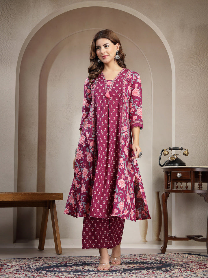 Cotton Calf Length Printed 3/4 Sleeve V-Neck Flared Kurta Suit Set