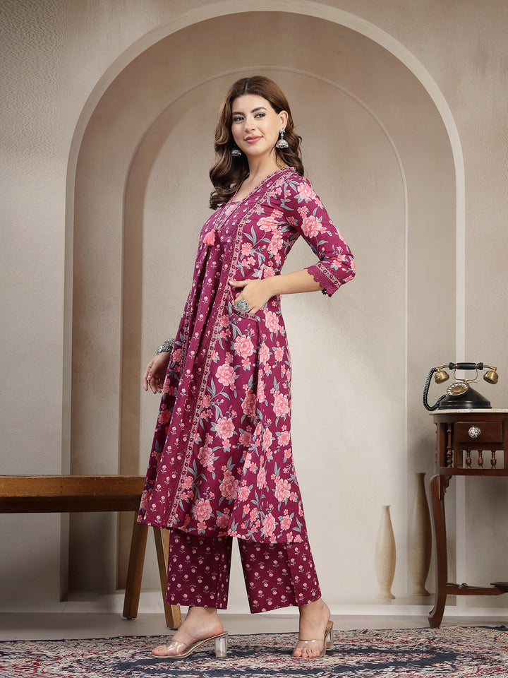 Cotton Calf Length Printed 3/4 Sleeve V-Neck Flared Kurta Suit Set