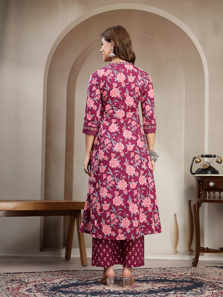 Cotton Calf Length Printed 3/4 Sleeve V-Neck Flared Kurta Suit Set