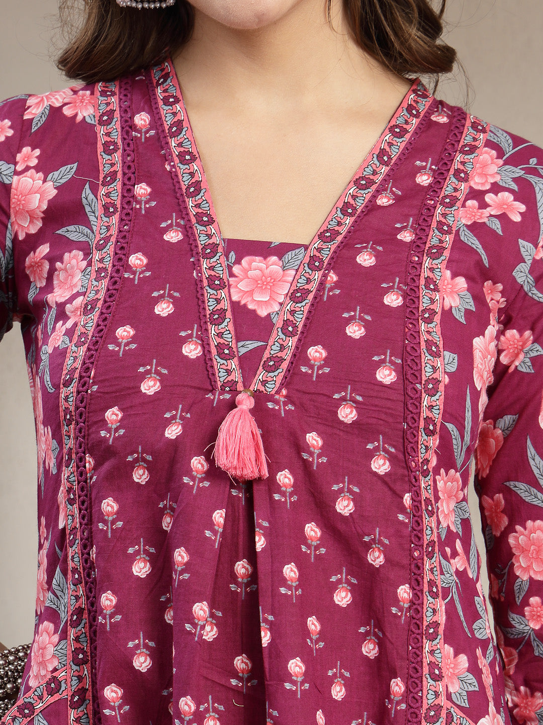 Cotton Calf Length Printed 3/4 Sleeve V-Neck Flared Kurta Suit Set