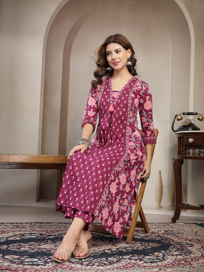 Cotton Calf Length Printed 3/4 Sleeve V-Neck Flared Kurta Suit Set