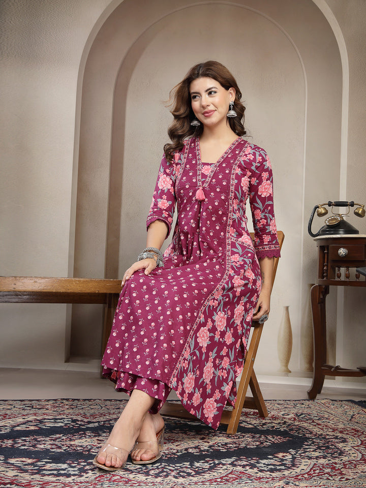 Cotton Calf Length Printed 3/4 Sleeve V-Neck Flared Kurta Suit Set