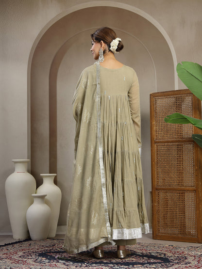 Malmal Calf Length Solid Full Sleeve Key Hole Neck Anarkali Lining Kurta Suit With Dupatta