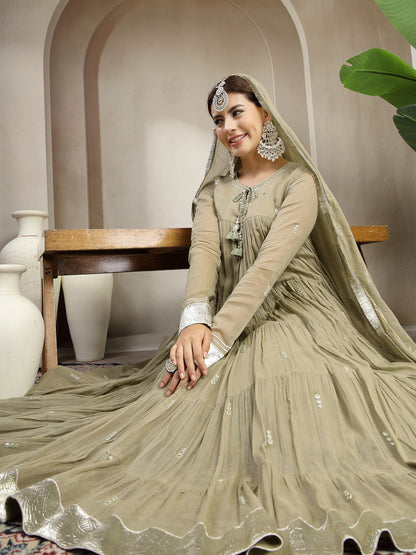 Malmal Calf Length Solid Full Sleeve Key Hole Neck Anarkali Lining Kurta Suit With Dupatta