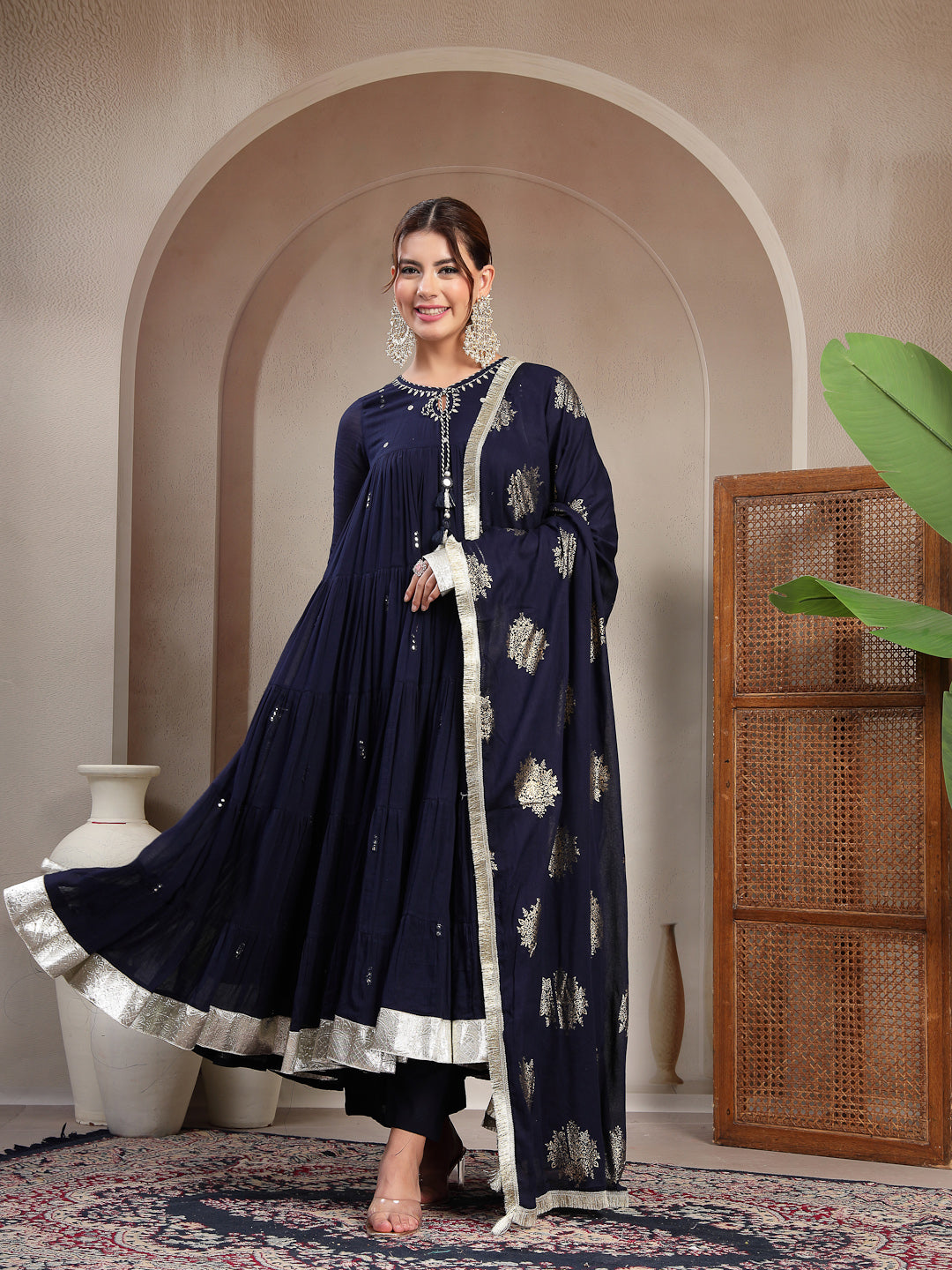 Malmal Calf Length Solid Full Sleeve Key Hole Neck Anarkali Lining Kurta Suit With Dupatta