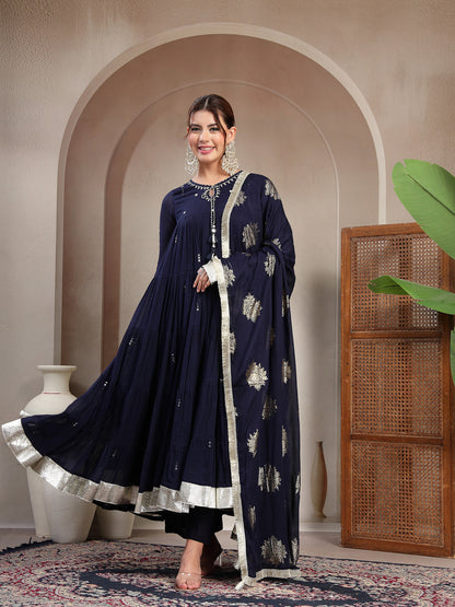 Malmal Calf Length Solid Full Sleeve Key Hole Neck Anarkali Lining Kurta Suit With Dupatta