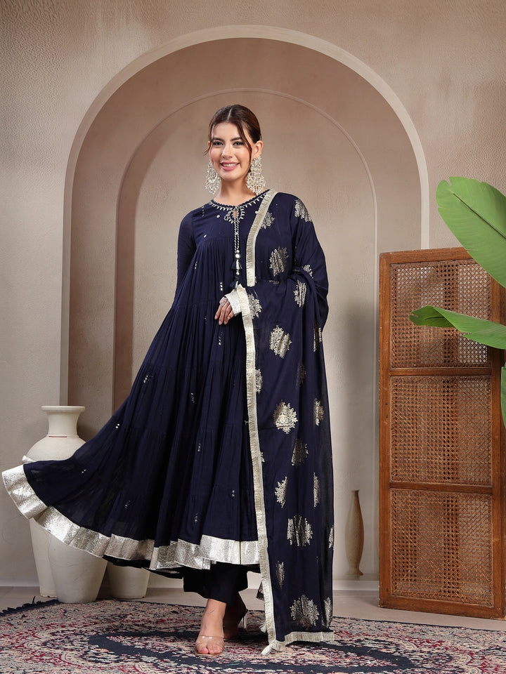 Malmal Calf Length Solid Full Sleeve Key Hole Neck Anarkali Lining Kurta Suit With Dupatta