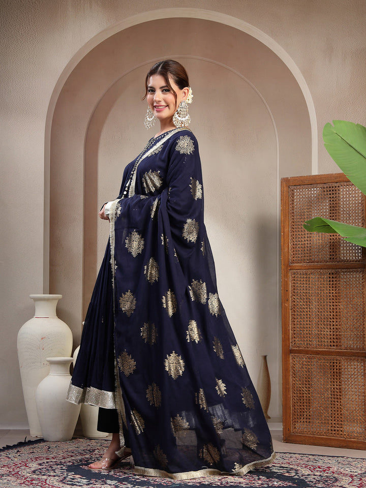Malmal Calf Length Solid Full Sleeve Key Hole Neck Anarkali Lining Kurta Suit With Dupatta
