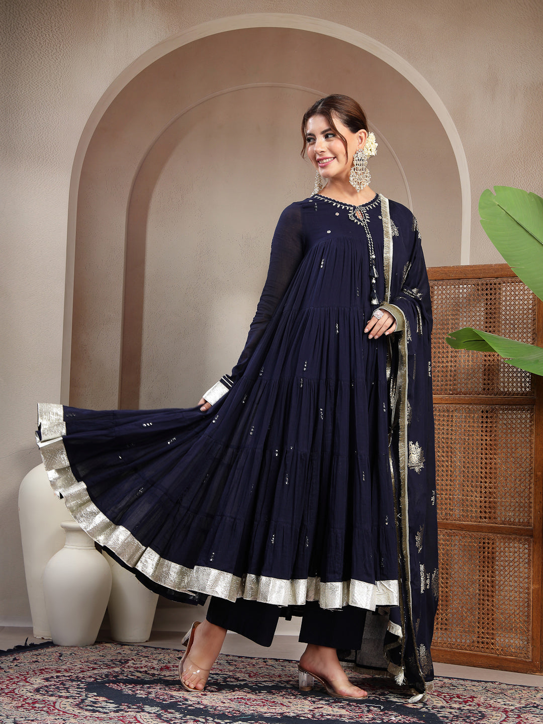 Malmal Calf Length Solid Full Sleeve Key Hole Neck Anarkali Lining Kurta Suit With Dupatta