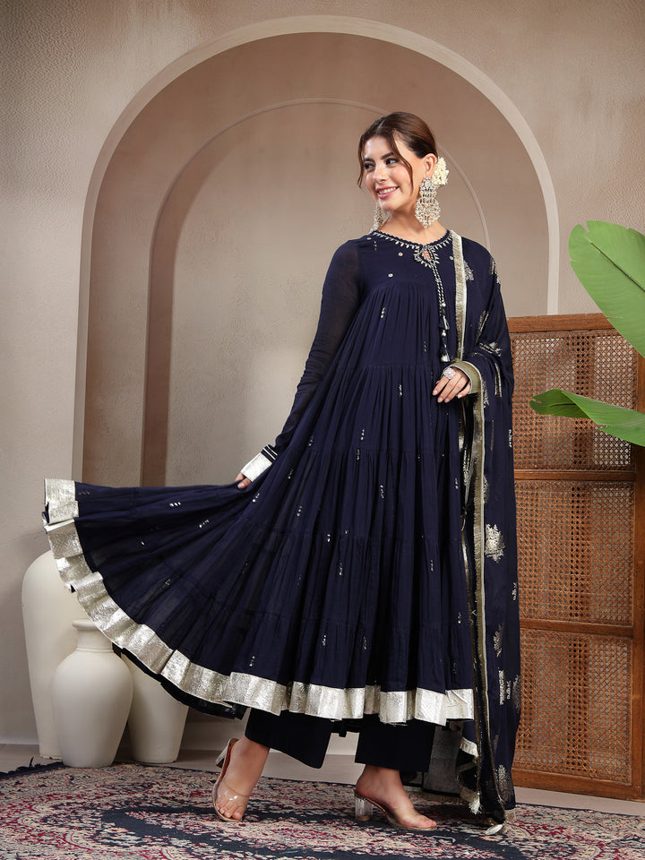 Malmal Calf Length Solid Full Sleeve Key Hole Neck Anarkali Lining Kurta Suit With Dupatta