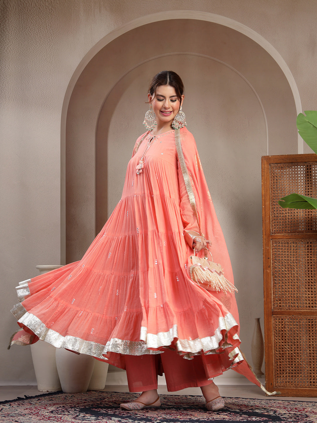 Malmal Calf Length Solid Full Sleeve Key Hole Neck Anarkali Lining Kurta Suit With Dupatta