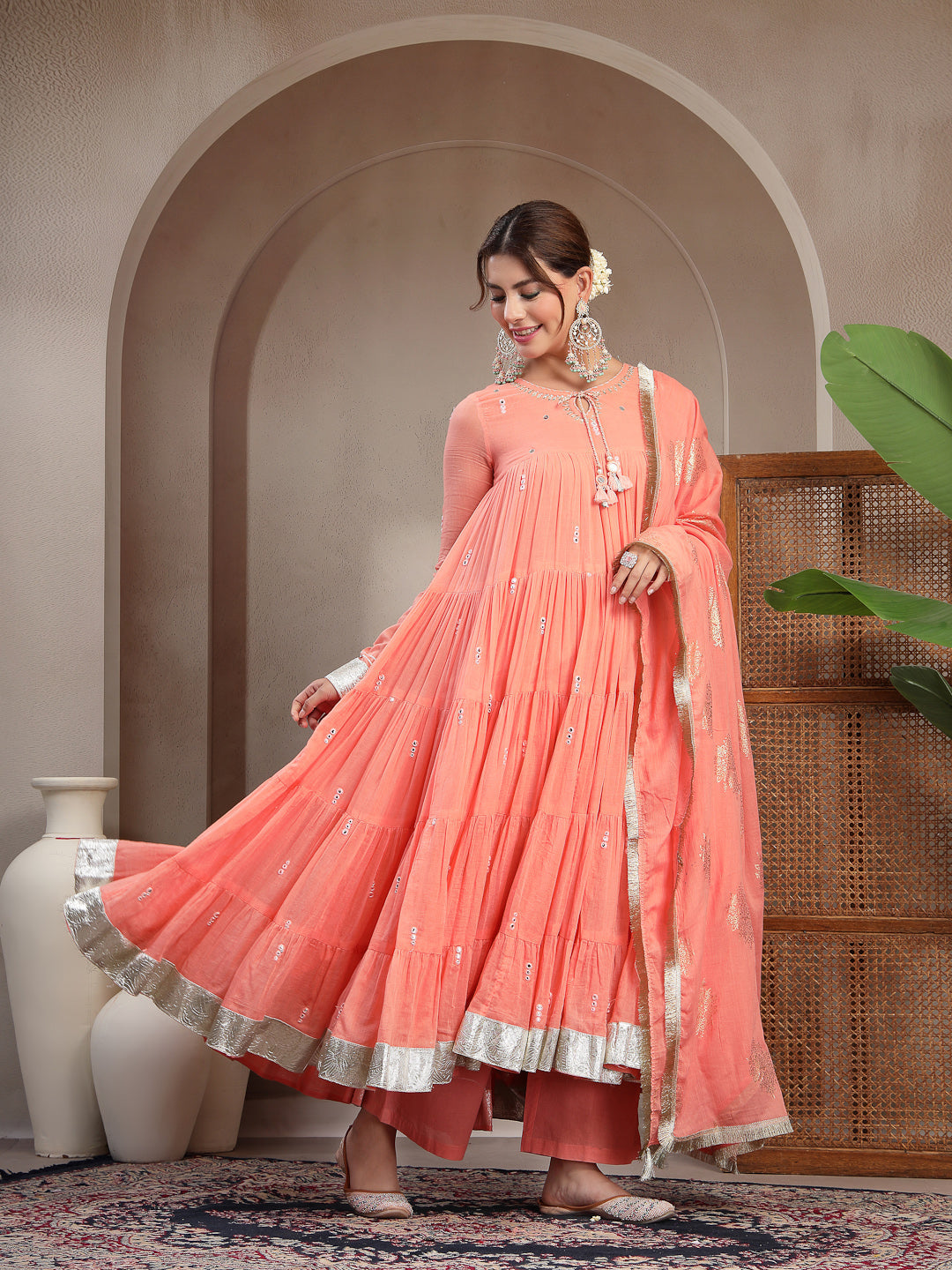 Malmal Calf Length Solid Full Sleeve Key Hole Neck Anarkali Lining Kurta Suit With Dupatta