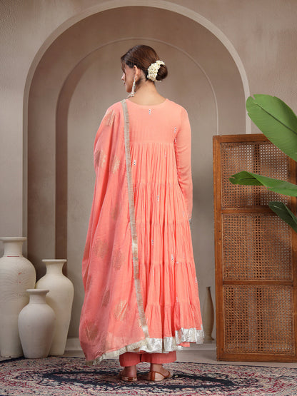 Malmal Calf Length Solid Full Sleeve Key Hole Neck Anarkali Lining Kurta Suit With Dupatta