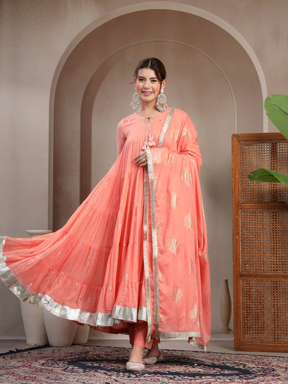 Malmal Calf Length Solid Full Sleeve Key Hole Neck Anarkali Lining Kurta Suit With Dupatta