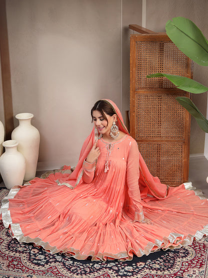 Malmal Calf Length Solid Full Sleeve Key Hole Neck Anarkali Lining Kurta Suit With Dupatta