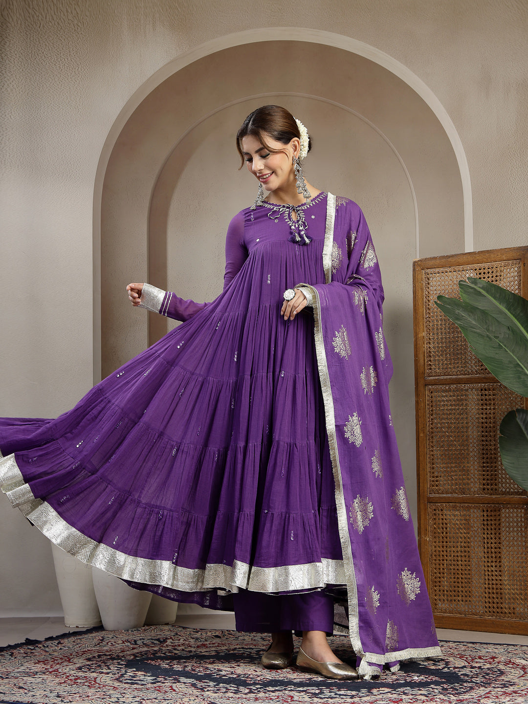 Malmal Calf Length Solid Full Sleeve Key Hole Neck Anarkali Lining Kurta Suit With Dupatta