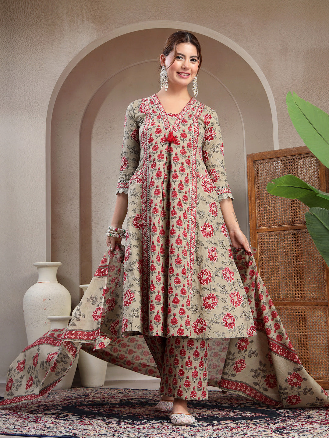 Cotton Calf Length Printed 3/4 Sleeve V-Neck A-Line Kurta Suit Set