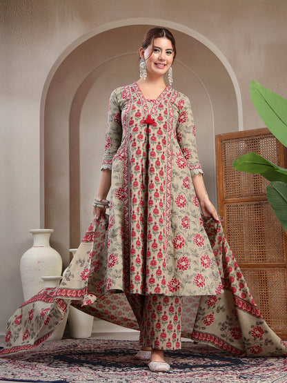 Cotton Calf Length Printed 3/4 Sleeve V-Neck A-Line Kurta Suit Set
