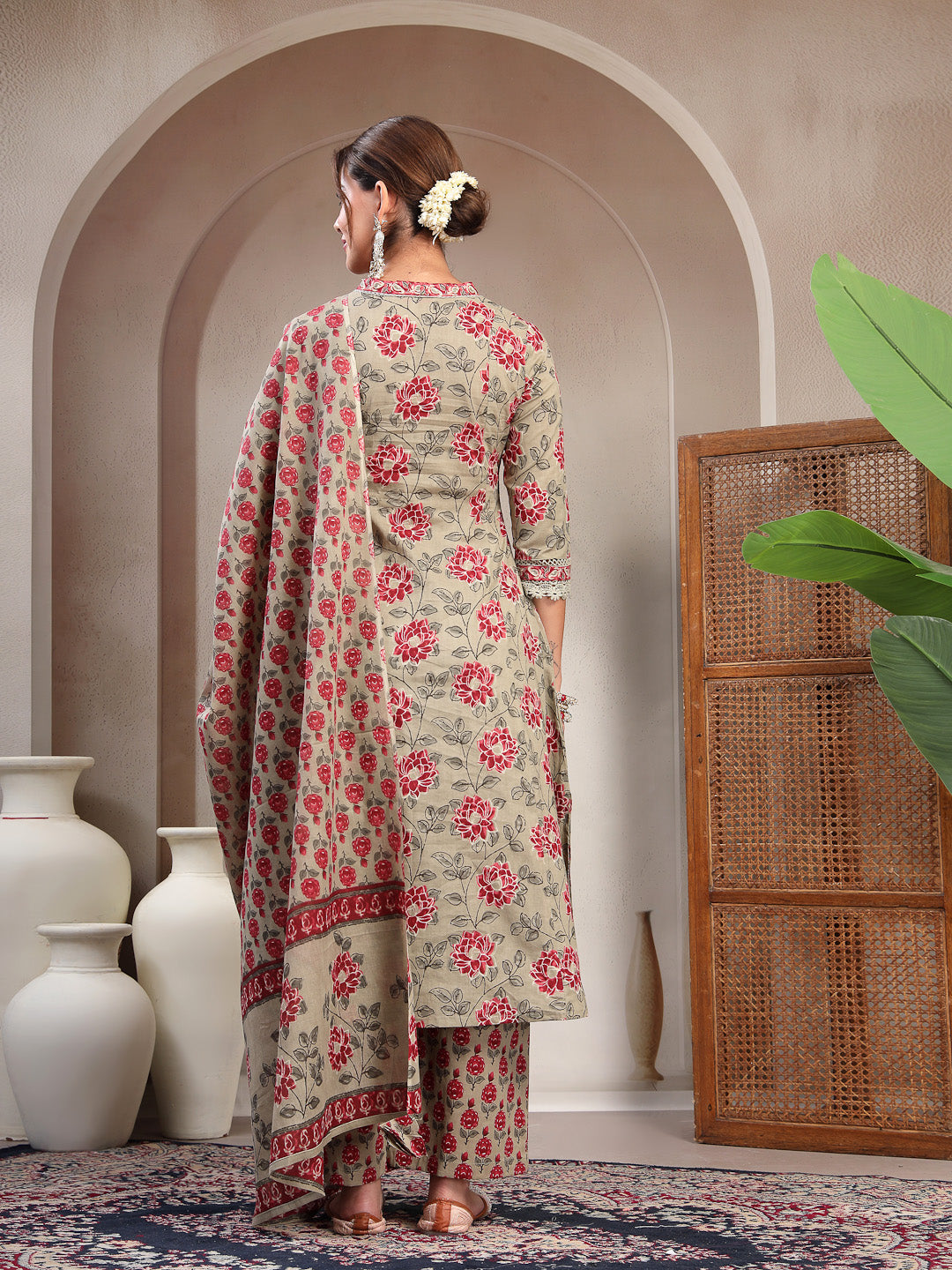 Cotton Calf Length Printed 3/4 Sleeve V-Neck A-Line Kurta Suit Set