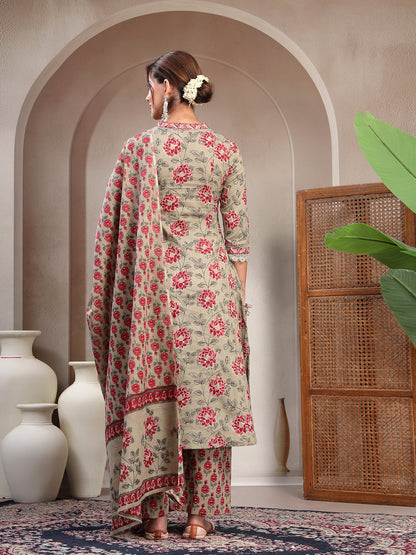 Cotton Calf Length Printed 3/4 Sleeve V-Neck A-Line Kurta Suit Set