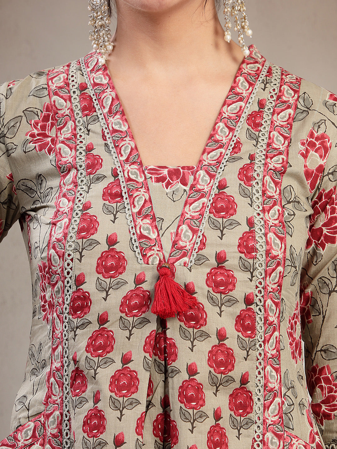 Cotton Calf Length Printed 3/4 Sleeve V-Neck A-Line Kurta Suit Set