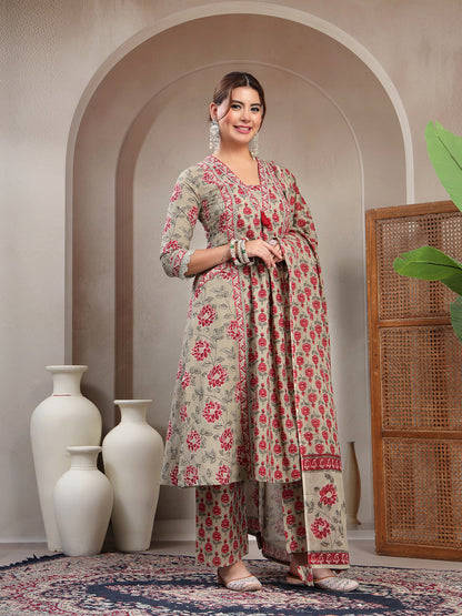 Cotton Calf Length Printed 3/4 Sleeve V-Neck A-Line Kurta Suit Set