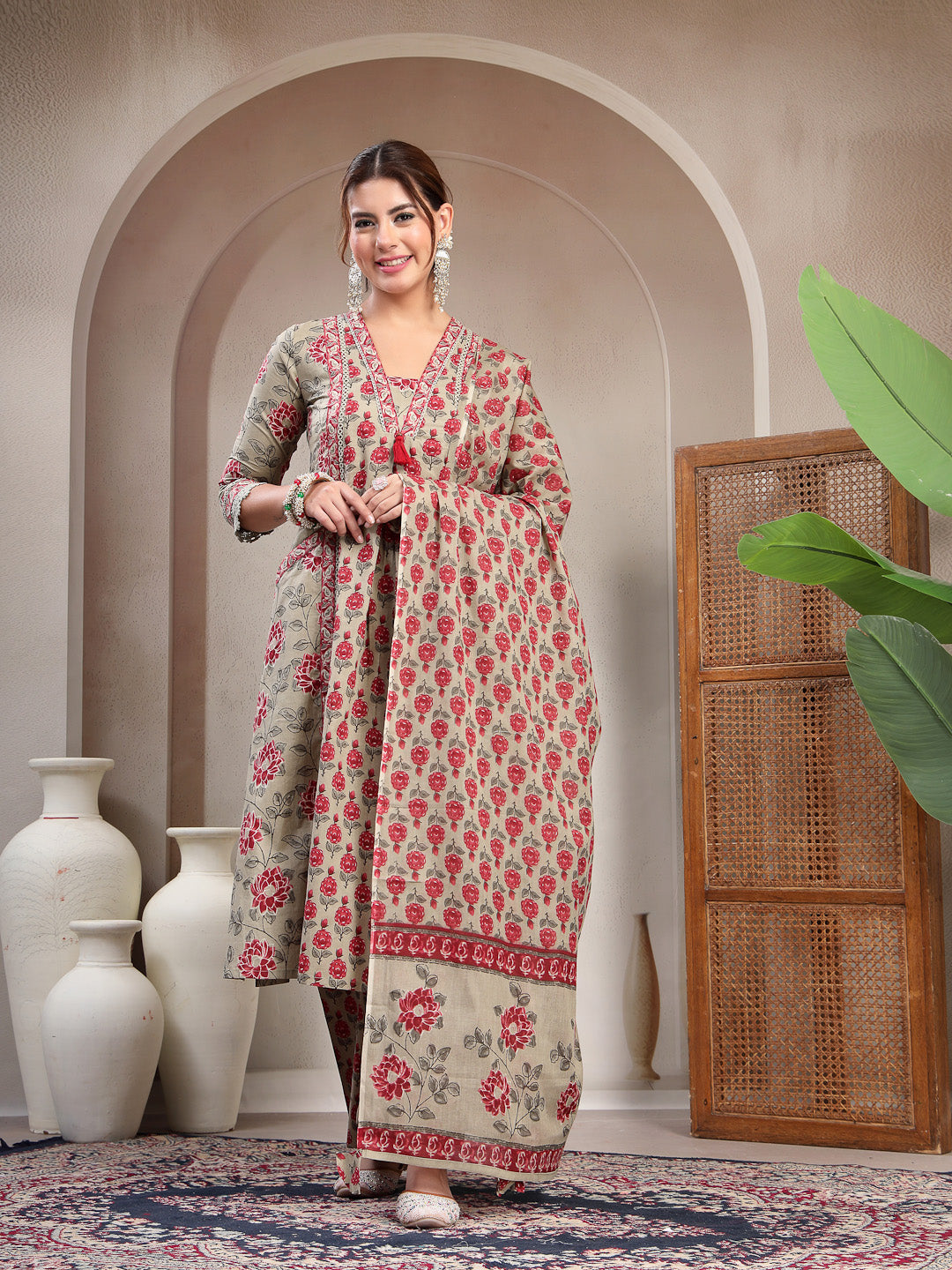 Cotton Calf Length Printed 3/4 Sleeve V-Neck A-Line Kurta Suit Set