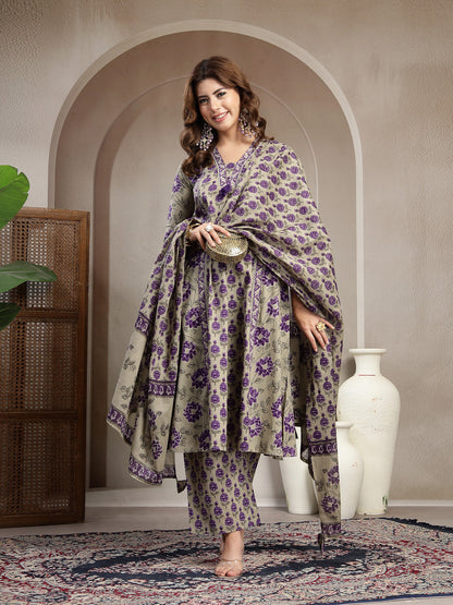 Cotton Calf Length Printed 3/4 Sleeve V-Neck A-Line Kurta Suit Set