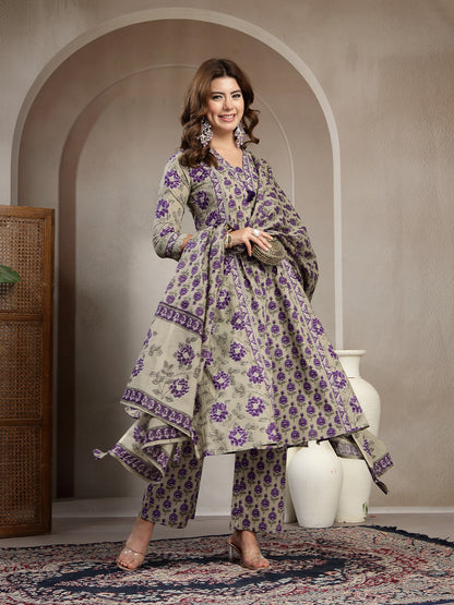 Cotton Calf Length Printed 3/4 Sleeve V-Neck A-Line Kurta Suit Set
