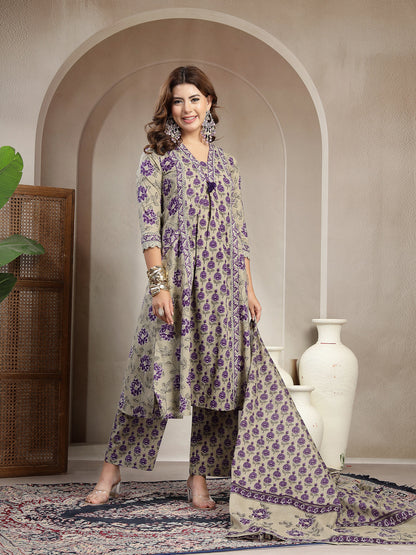 Cotton Calf Length Printed 3/4 Sleeve V-Neck A-Line Kurta Suit Set