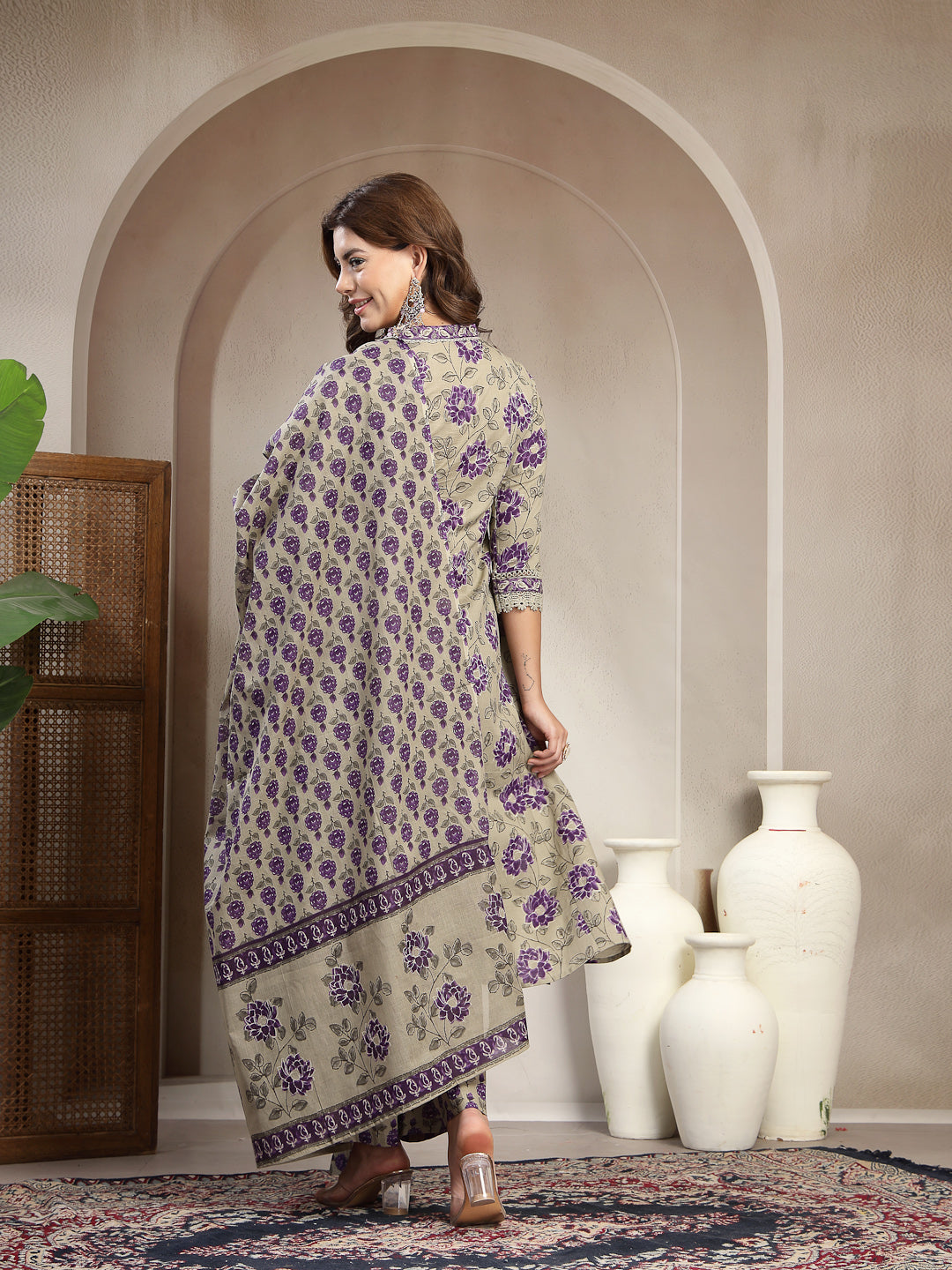 Cotton Calf Length Printed 3/4 Sleeve V-Neck A-Line Kurta Suit Set