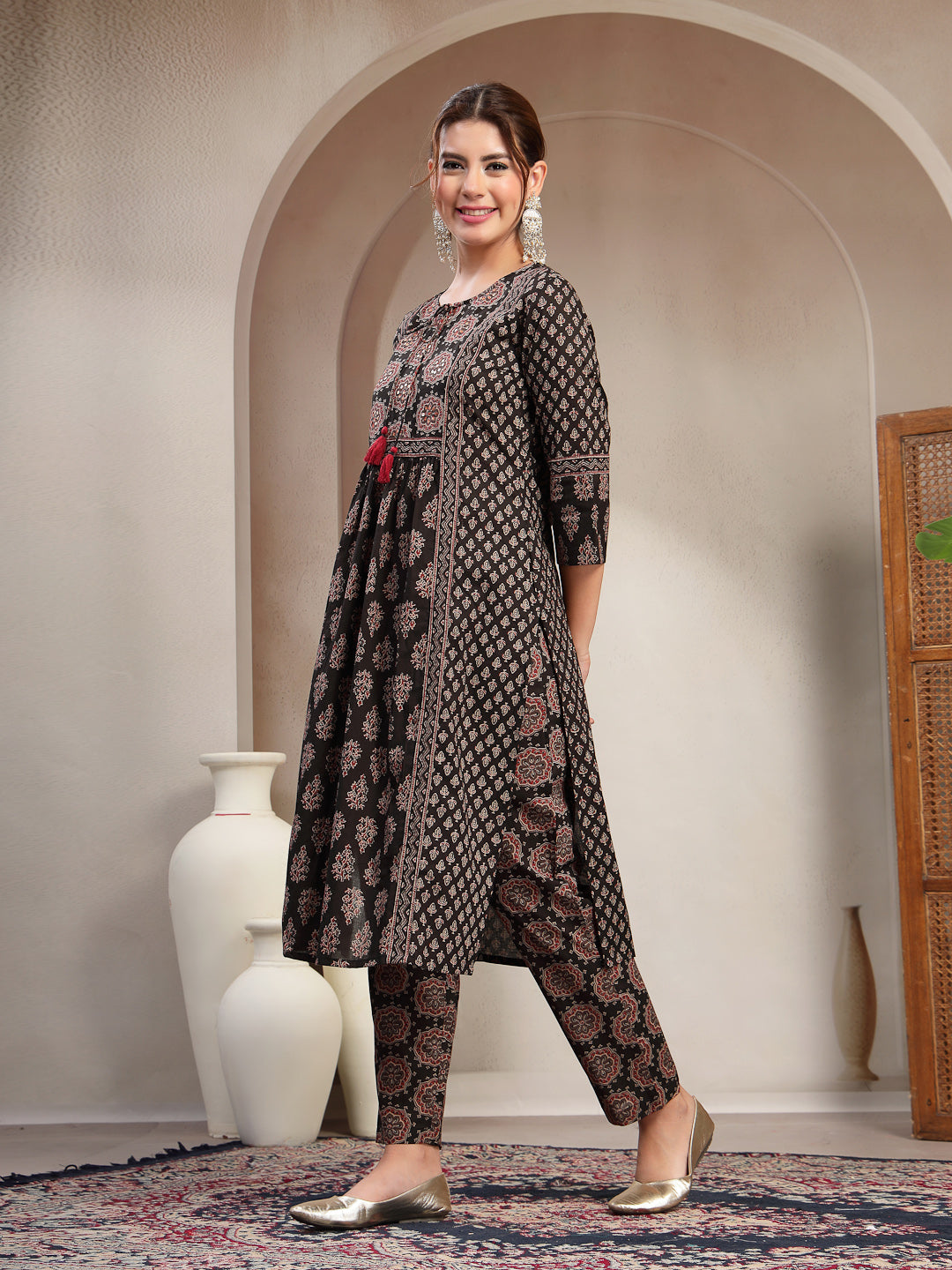 Cotton Calf Length Printed 3/4 Sleeve Key Hole Neck Flared Kurta Suit Set