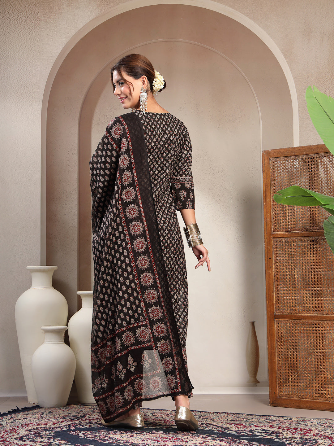 Cotton Calf Length Printed 3/4 Sleeve Key Hole Neck Flared Kurta Suit Set