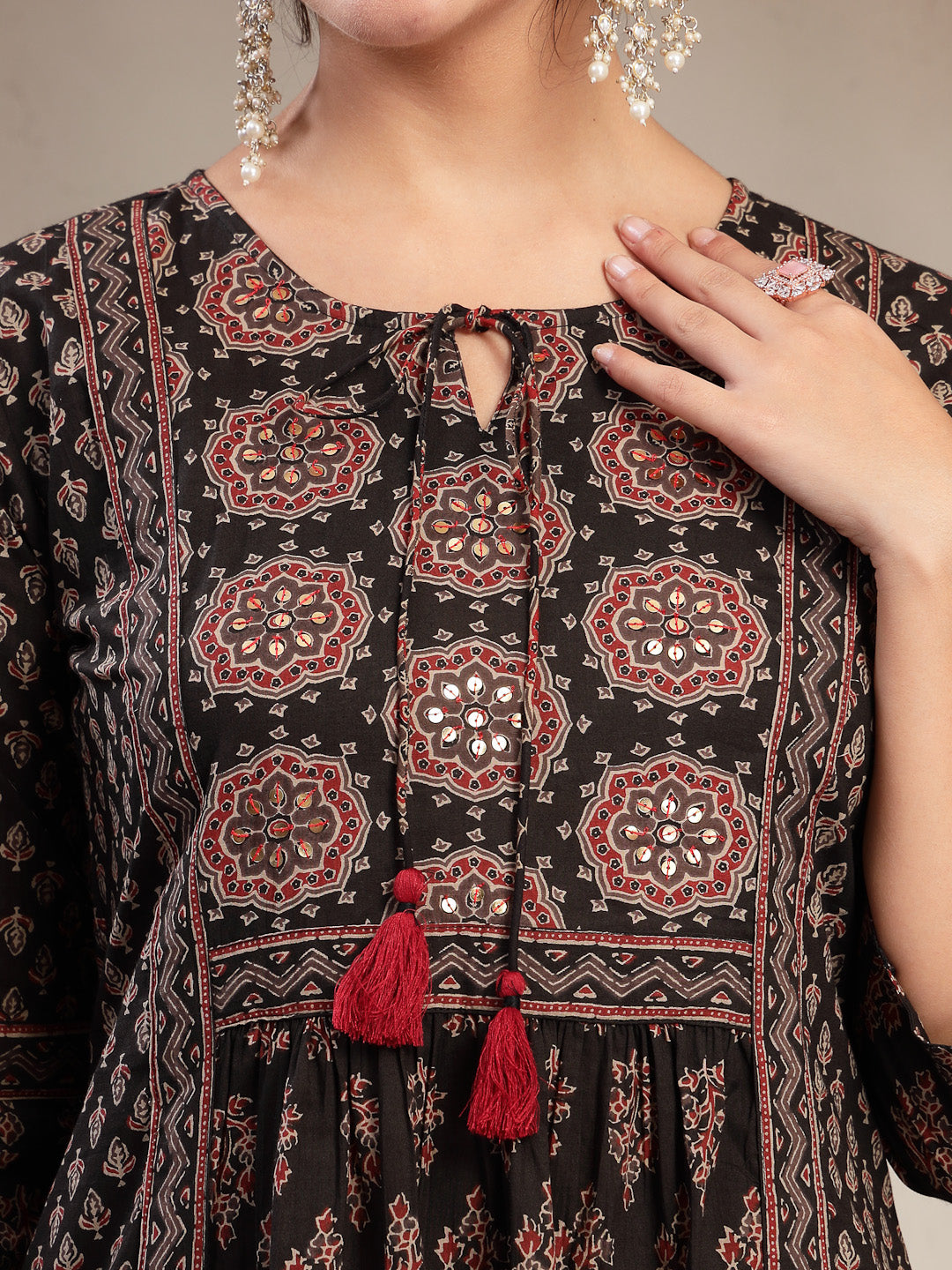 Cotton Calf Length Printed 3/4 Sleeve Key Hole Neck Flared Kurta Suit Set