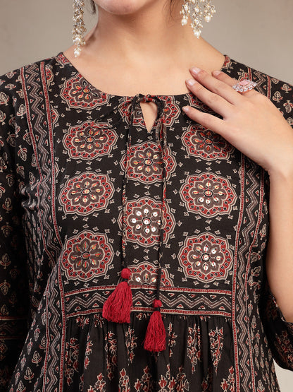 Cotton Calf Length Printed 3/4 Sleeve Key Hole Neck Flared Kurta Suit Set