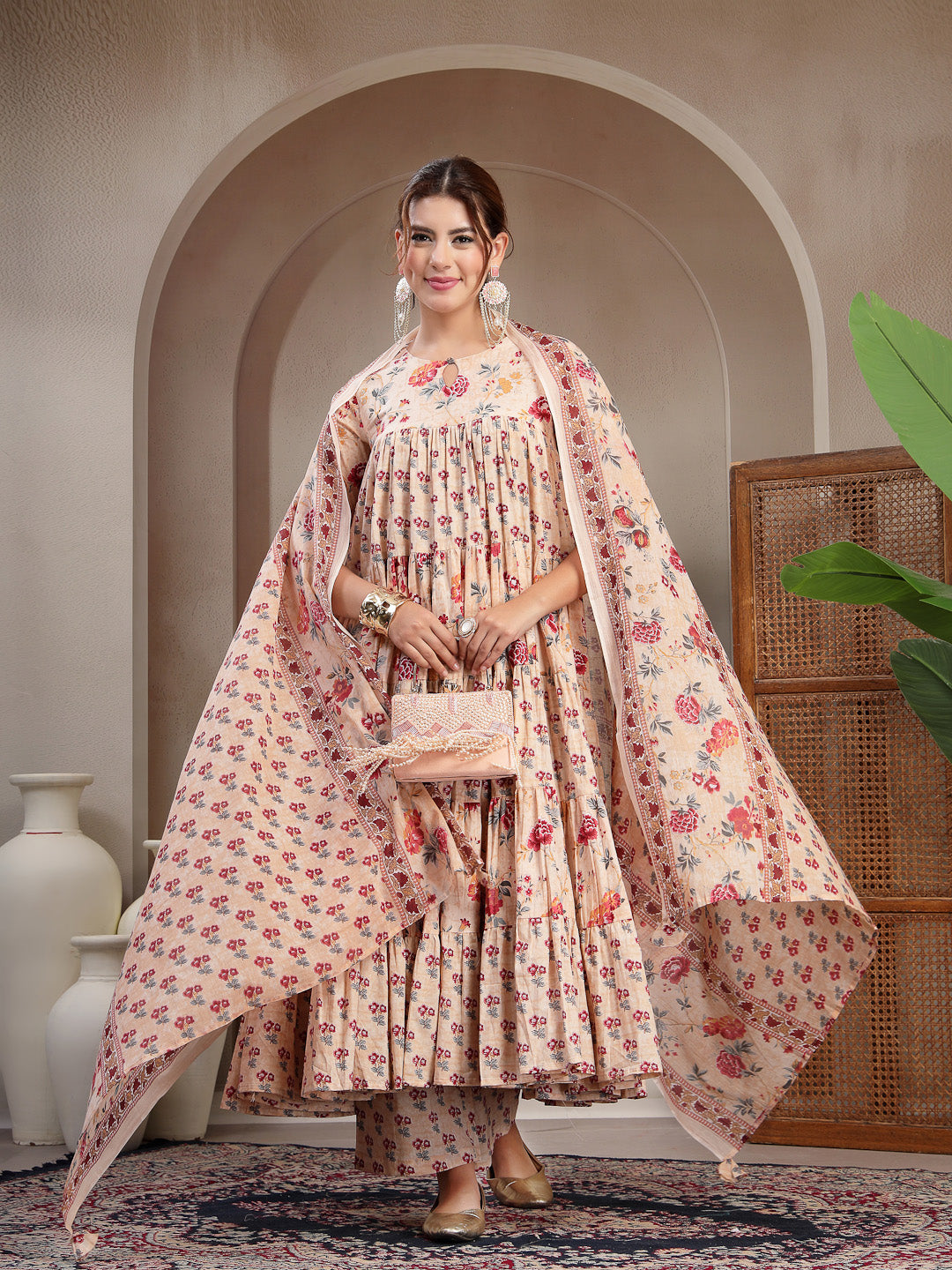 Cotton Calf Length Printed 3/4 Sleeve Key Hole Neck Flared Kurta Suit Set