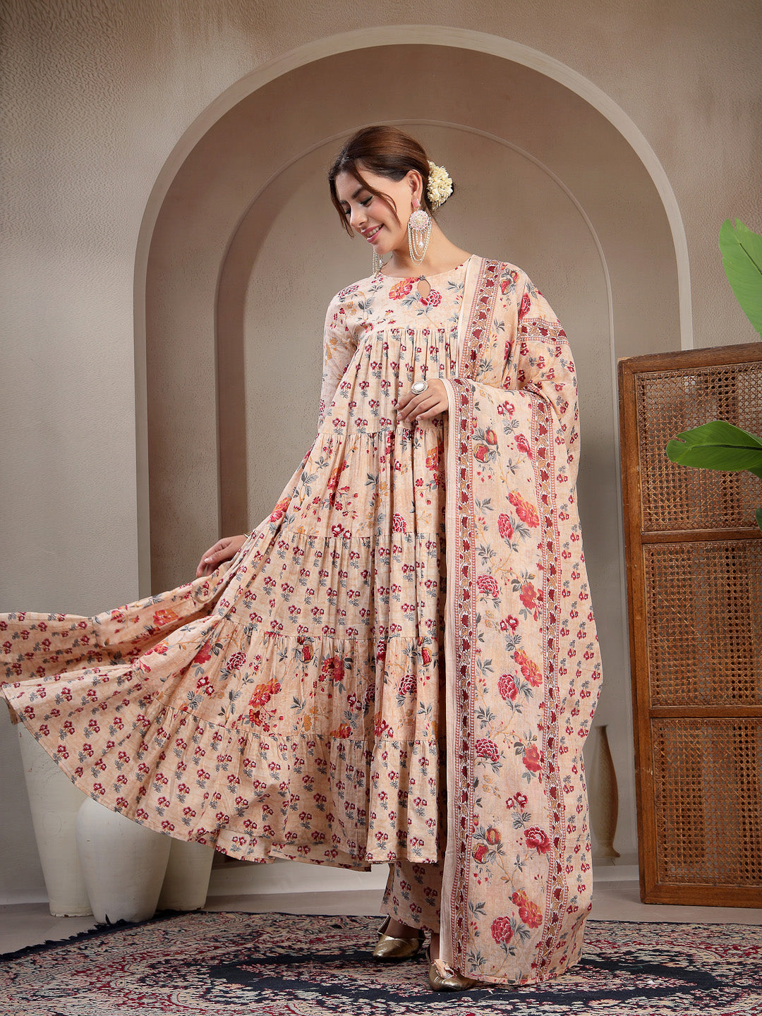 Cotton Calf Length Printed 3/4 Sleeve Key Hole Neck Flared Kurta Suit Set